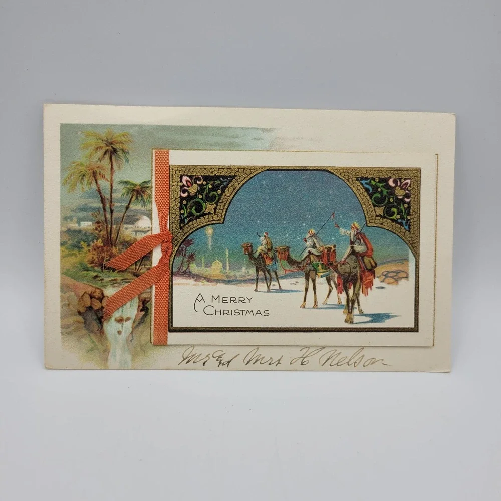 Vintage Merry Christmas Postcard Three Kings‎ Wise Men Ephemera